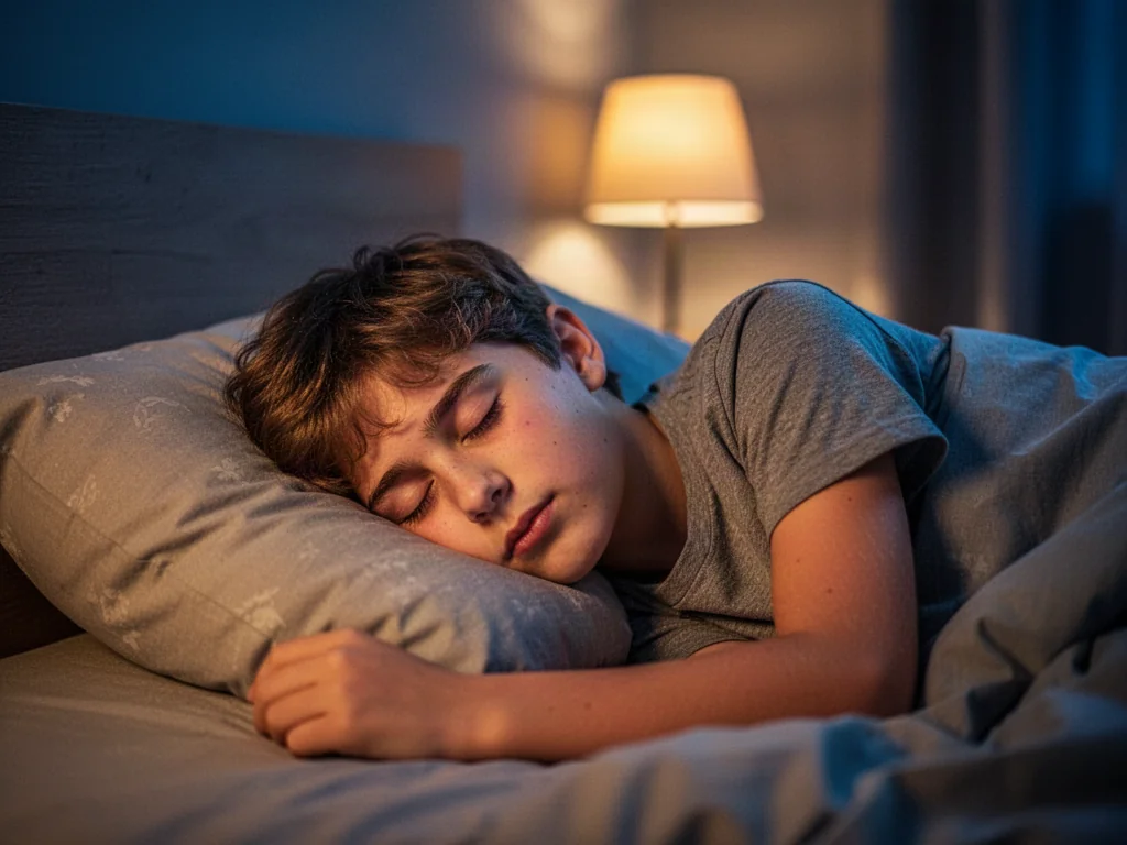Nastolatek spokojnie śpiący w przytulnej sypialni oświetlonej ciepłym światłem lampki nocnej.