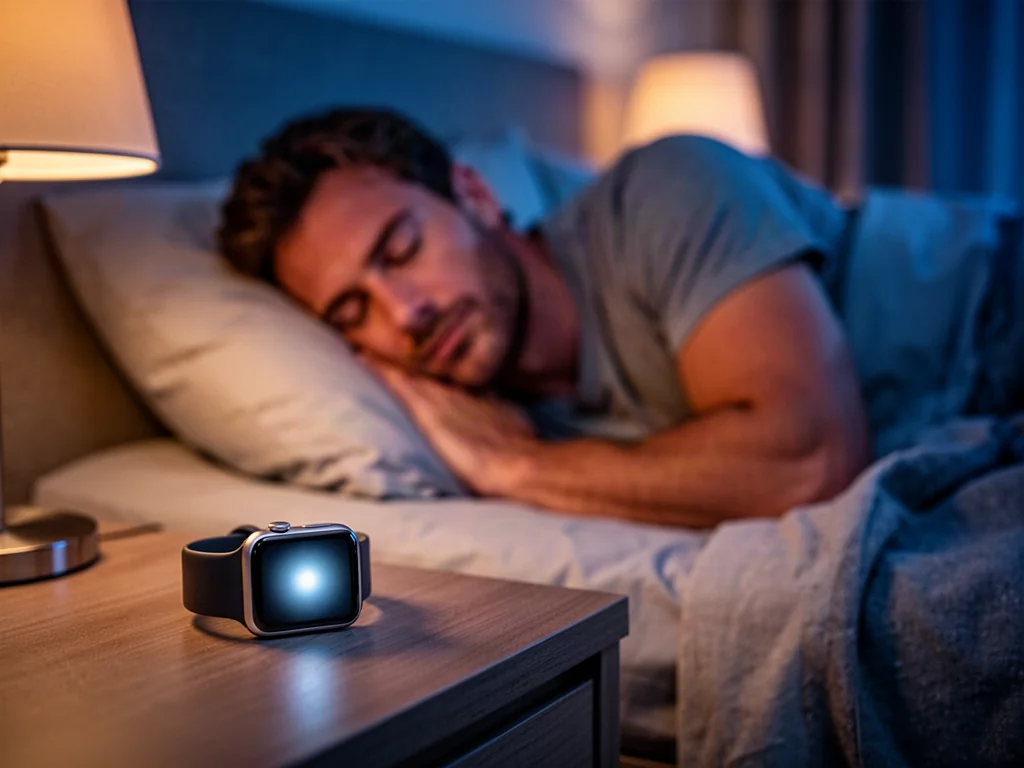 Mężczyzna śpiący w przytulnej sypialni obok smartwatcha monitorującego tętno podczas nocnego wypoczynku.